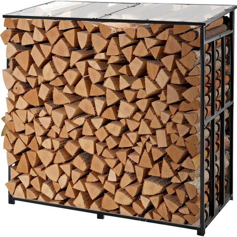 Support à bois extérieur avec toit incliné, 143 cm, capacité 299 kg, rangement métal pour jardin et terrasse qualité premium (1/5)