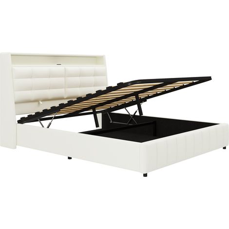 Cama tapizada 160x200 cm con LED, USB y almacenaje bajo cama, blanco MODENUIT (1/5)