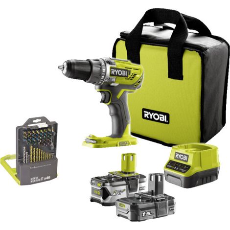 Confezione RYOBI Drill-driver R18DD3-2415BS 18V OnePlus - 2 batterie 4,0 Ah - 1,5Ah - Caricabatterie - Cassetta 46 acces