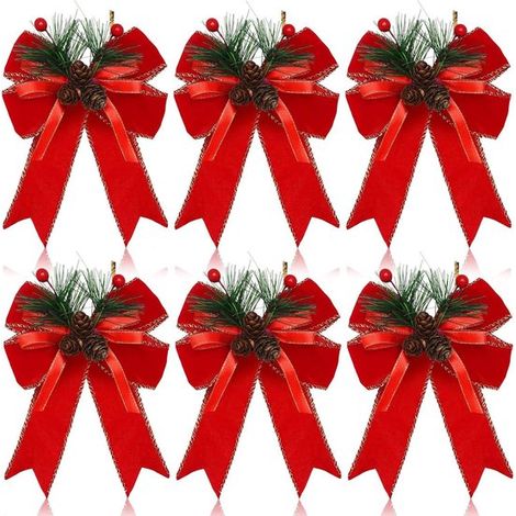 6 nœuds pour sapin de Noël - Nœuds de Noël - Nœuds en ruban de velours rouge - Nœuds en ruban pomme de pin - Décorations de couronne de sapin de Noël rouges (1/5)