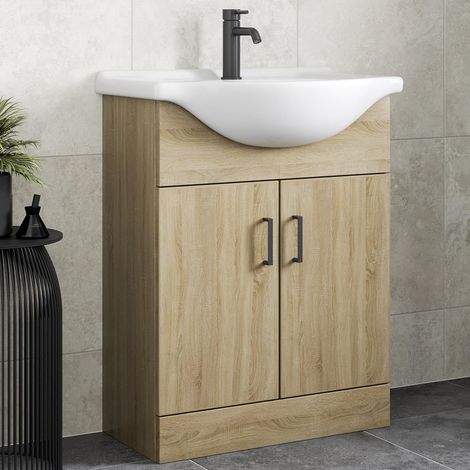 Bathroom Vanity Unit Basin Sink Single Tap Hole Freestanding 650mm Oak Effect (1/5)
