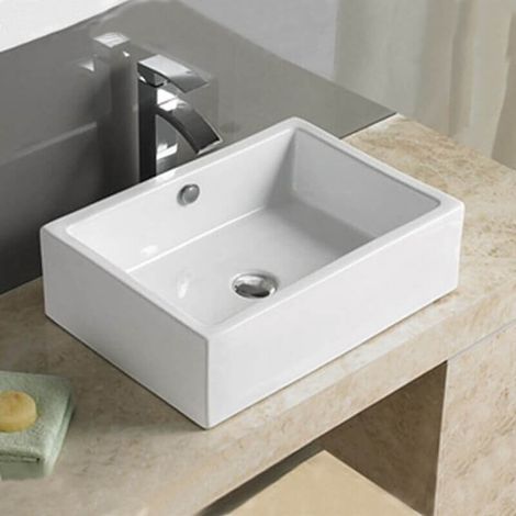 Rue Du Bain – Vasque à poser rectangulaire en céramique blanche – Dimensions 51x36 cm – Trop plein avec cache chromé – Facile à nettoyer