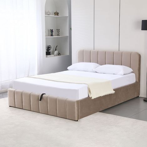 M&S – Lit coffre 160x200 velours taupe – Tête de lit intégrée – Sommier à lattes en bois de peuplier – Rembourrage en mousse