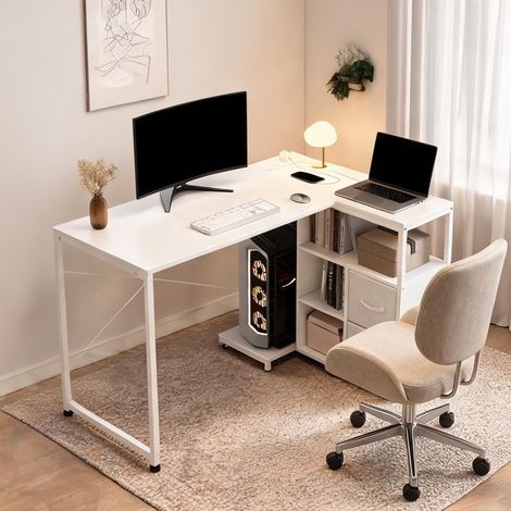 Bureau d'angle blanc avec prise intégrée et rangements 80 x 120 (1/5)
