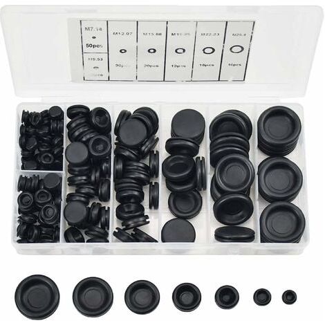 170 Pcs Bouchons en Caoutchouc, 7 Tailles Passe Fils Caoutchouc Bouchon de Trou Avec Boîtier D'organisateur Kit de Joint de Bague de Fil électrique pour Voiture Tuyau D'eau Pompe (1/5)