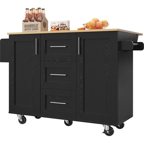 Îlot de cuisine mobile 2 en 1 avec 3 tiroirs, côtés rabattables, roulettes freinées et porte-essuie-tout, rangement intégré, plateau effet bois noir - CHICFURN (1/5)