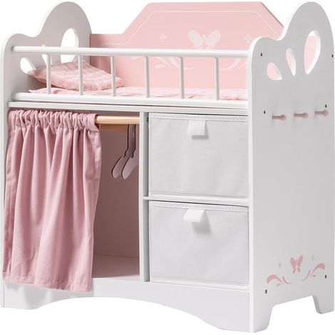 Lit de poupée en bois pour enfants, bébé avec armoire de rangement et linge de lit, adapté aux poupées jusqu'à 55 cm, les tout-petits à partir de 3 ans (rose) (1/5)