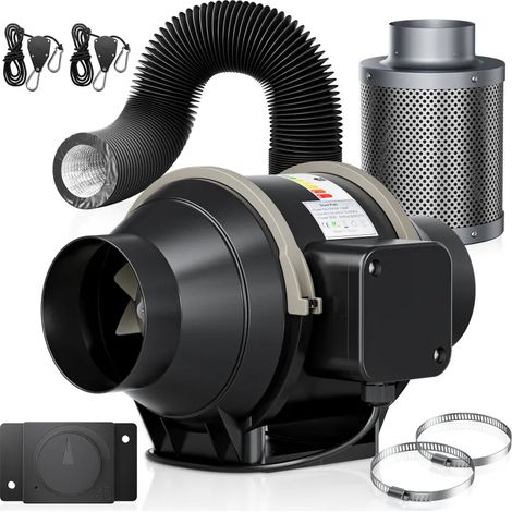 Ventilateur en ligne 100 mm – Kit de ventilation 360 m³/h, silencieux 35 dB avec variateur de vitesse, gaine flexible noire, pose sans outils (1/5)
