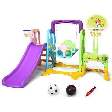 Costway – Ensemble toboggan balançoire 6 en 1 – Panier de basket, but de foot, escalade – HDPE traité anti-UV – Pour enfants 3-8 ans – Dimensions 209x174x126 cm