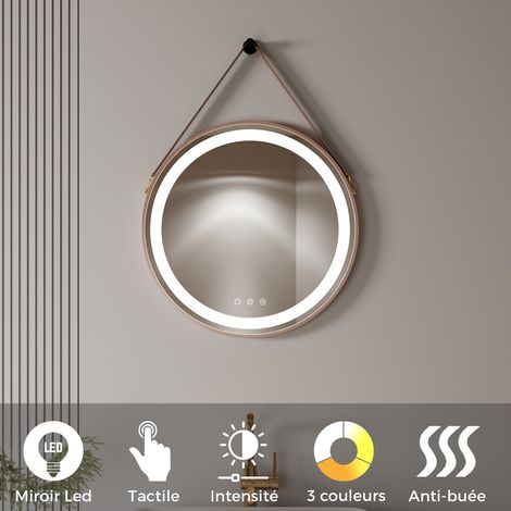 Miroir Mural LED Lumineux rond à suspendre cuivre Ø60 cm (2100 LMS) Tactile : antibuée + intensité et Couleur réglables - collection Salle de Bain COMO