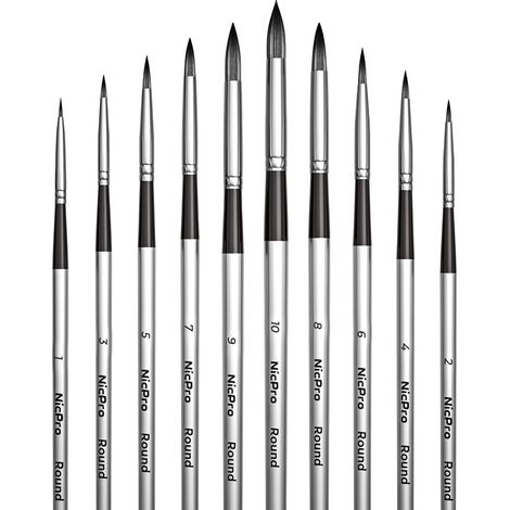 Set di 10 pennelli per acquerello Nicpro, con punte rotonde per acquerello, acrilico, guazzo, inchiostri, olio e tempera, pennelli di precisione per belle arti, artigianato e pittura con i numeri. (1/5)