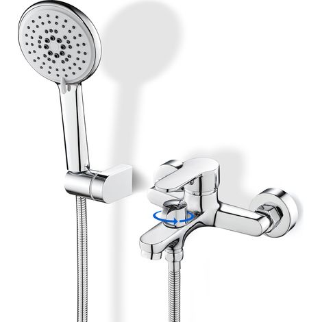 Rovogo – Mitigeur de baignoire mural avec douchette 5 modes – Flexible 150cm en acier inoxydable – Inverseur rotatif en laiton chromé