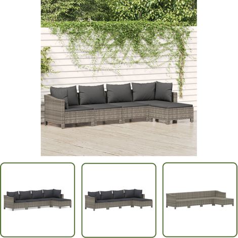 The Living Store 5-tlg. Garten-Lounge-Set mit Kissen Grau Poly Rattan - Gartenloungeset - Loungemöbel - Gartenmöbel - Rattan Möbel - Polyrattan (1/5)