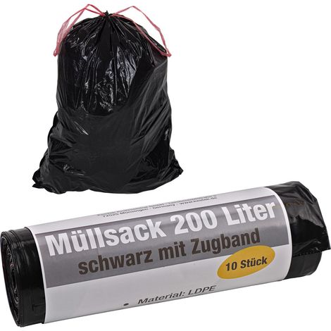 KesTek Müllsäcke Abfallsäcke Müllbeutel Zugbandbeutel 200L 10 Stück LDPE 50µm Schwarz (1/4)