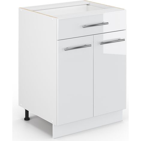 Mobiletto base per cucina Fame-Line, Bianco lucido, 60 cm con cassetto, senza piano di lavoro, Vicco
