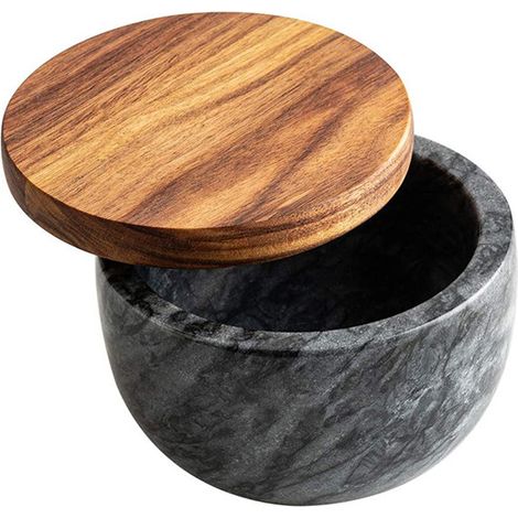 Pot en marbre avec couvercle, en bois d'acacia, pot à sel en marbre, pot à épices, pot de rangement (noir + cuillère) (1/5)