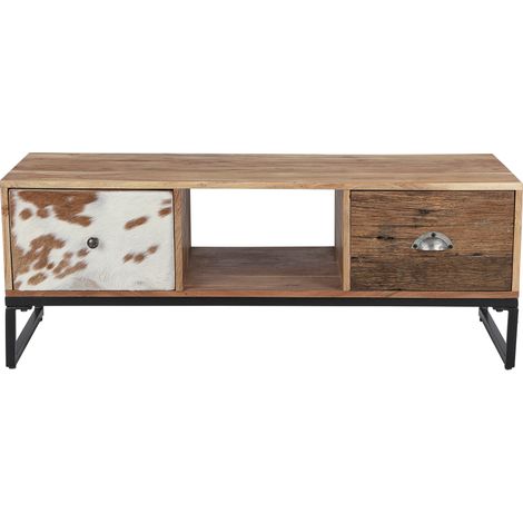 WOMO-DESIGN TV Lowboard Taipei mit 2 Schubladen 110x50 cm, Unikat, handgefertigt aus Massivholz Akazien- und Schwellenholz, Metallbeine, Leder, Industrie Design, Wohnzimmer Konsolentisch Beistelltisch