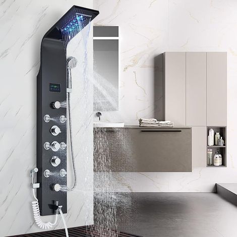 Shower Panel Column Tower LED Shower System with 6 Functions,Unique hydromassage Top Shower Hand Shower and Tub Spout Shower Set in Stainless Steel Wall Mounted Black Zamery (1/5)