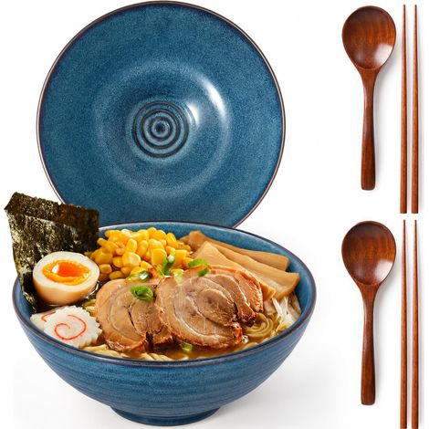 Lot de 2 bols à ramen en céramique de 1200 ml avec baguettes et cuillères, 20 cm, bols à soupe, grand bol à ramen avec cadre (bleu saphir) (1/5)
