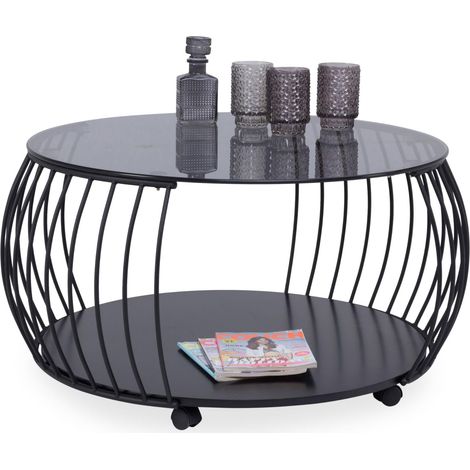Table Basse Ronde avec Plateau en Verre, Ø 60 cm, H 45 cm, Structure en métal Noir, avec étagère et roulettes, Design Industriel Moderne, Facile d'entretien et Stable (1/4)