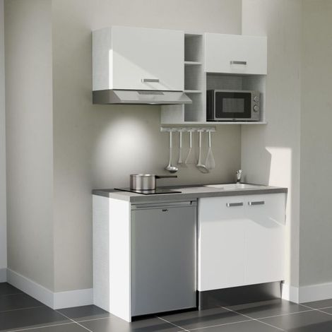 Kitchenette K13L-PT - 140 cm - plan stratifié, évier inox, - Façade Blanc - Plan Gris béton - Evier Inox - Crédences Non + Electroménager inclus coloris Inox (1/5)