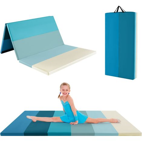 Tapis de gymnastique pliable 180 x 120 x 4 cm léger avec poignées de transport design moderne en pu bleu