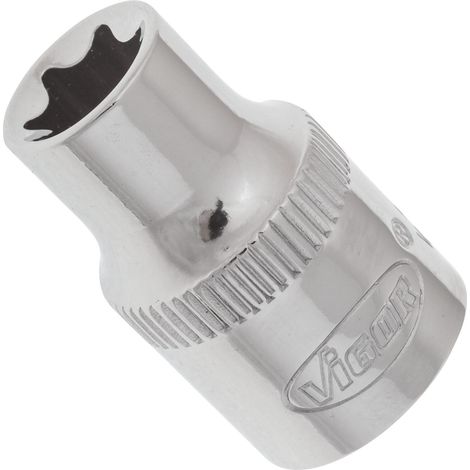Vigor Carré femelle entraînement 10 = 3/8 pouce Douille TORX pour profil TORX extérieur - Carré creux 10 mm (3/8 pouce) - Profil TORX extérieur - Ouverture de clé: E 10 - Longueur totale: 28 mm - V2 (1/2)