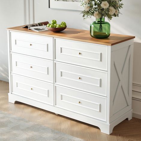 Buffet moderne 120x40x76 cm - 6 tiroirs - Plateau couleur bois - Style campagnard - MDF + panneaux de particules - Blanc+naturel