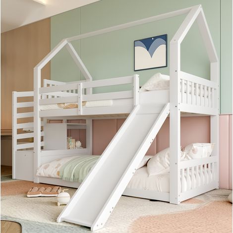 Cama litera infantil con tobogán, escalera con almacenaje y diseño de casita, 90x200 cm, barandillas, estructura de pino y MDF, blanca - CHICFURN (1/5)