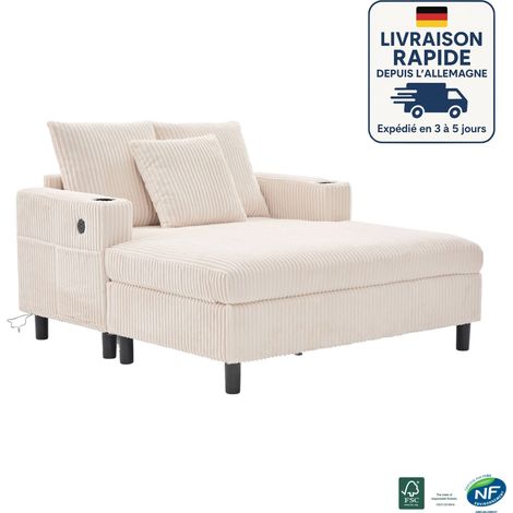MODFU - Divano relax, poltrona, USB+LED, con portabicchieri e tasche laterali, adatto per soggiorno/camera da letto, velluto a coste, beige (1/5)