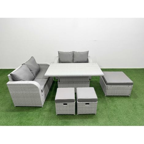 Fimous 7 Seater Outdoor Love Sofa Set Rattan Garden Furniture Set with Adjustable Lifting Dining or Coffee Table 3 Footstool Light Grey (1/5)