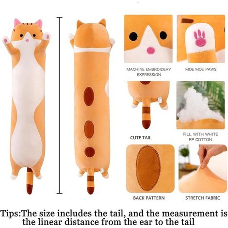 Cuscino a forma di gatto in peluche - Cuscino lungo - Simpatico gatto di peluche - Comodo cuscino per dormire sul fianco - 50 cm - Giallo (1/5)