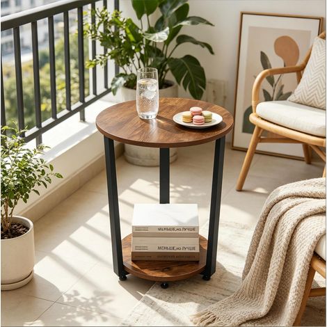 Tavolino rotondo 50x53x50 cm, con 2 ripiani, struttura in metallo e legno, marrone rustico (1/4)