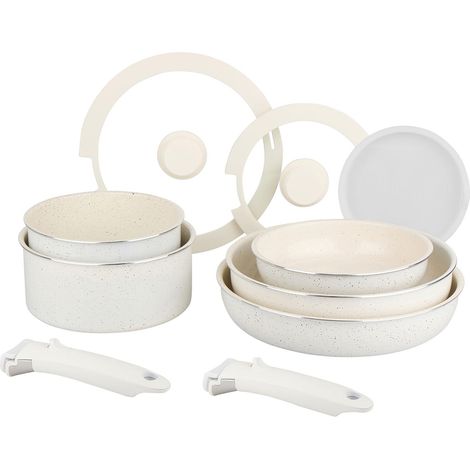 Batterie de cuisine 10 pcs en aluminium blanc Revêtement céramique sain sans PFAS 2 poêles Ø20/28, 2 casseroles Ø18/20, 1 sauteuse Ø26 + 3 couvercles Tous feux dont induction (1/5)