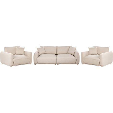 Sofa Set Beige Fabric Upholstery 5 Seater with Scatter Cushions Armchairs Wooden Legs Modern Living Room Settee JUBEK