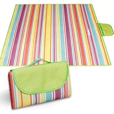 Couverture Pique Nique,200x200cm Grand Tapis Pique Nique avec Poignée,Portable,imperméable,Adaptée Plage Barbecue Parc,Camping Voyage(Rayures Colorées) (1/5)