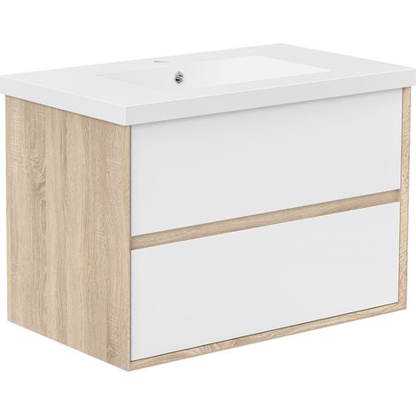 Meuble de Salle de Bain Suspendu 80cm - Blanc et Chêne - 2 Tiroirs - Lavabo - Montage Détachable
