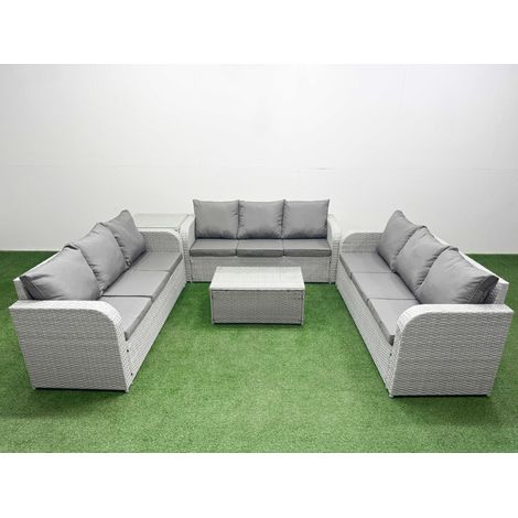 Fimous PE Rattan Lounge Sofa Set 9 Seater Outdoor Garden Furniture Set with Rectangular Coffee Table 3 Seater Sofa Side Table Light Grey (1/5)