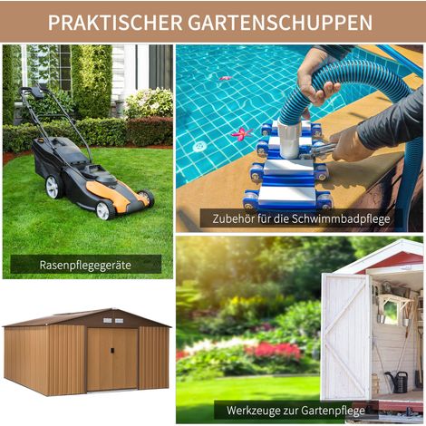 Abri de jardin 340 x 386 x 200 cm avec dalle au sol, cabane de rangement métal jaune, garage extérieur pour outils et équipements. (1/5)