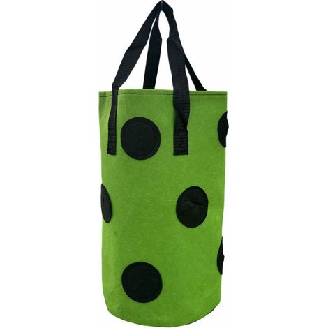 Sacchetto per la coltivazione di fragole sospeso con fori multipli, capacità 3 galloni, colore verde, con 13 fori di drenaggio, ideale per balconi e giardini. (1/5)