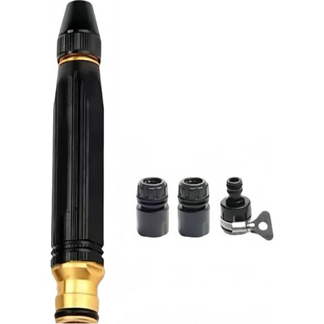 Pistolet à eau haute pression avec buse jet droit en métal, alliage d'aluminium + poignée PVC, portée 10-20m, inclut 3 connecteurs adaptateurs (1/5)