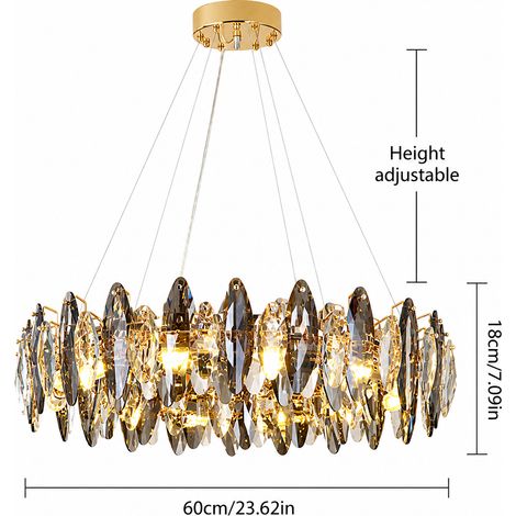 Lustre suspension cristal doré 60 cm, luminaire moderne design luxe E14 x9, plafonnier réglable pour salon salle à manger chambre