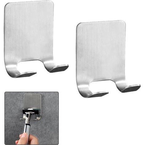 2-teiliger Rasiererhalter – Badezimmer-Aufbewahrungsregal – Aus Edelstahl – Selbstklebende Haken – Für Badezimmer, Steckdosen, Bademäntel und Handtücher – Silber (1/5)