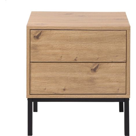 Calicosy – Table de chevet 2 tiroirs décor chêne – Panneaux de particules certifiés FSC – Piètement métal noir – Ouverture tiroirs push/pull (1/5)