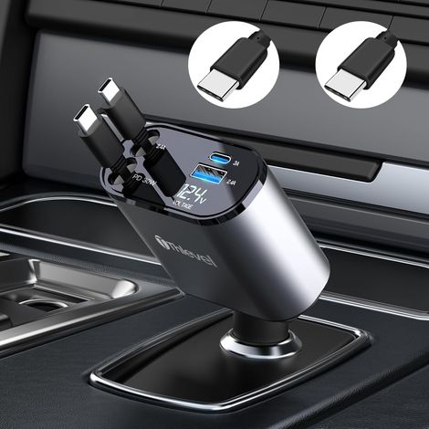 Rétractables Chargeur de Voiture USB C 60W 2 Câbles Voltmètre LED Compatible avec 12V/24V Caravane Camping-Car Bateau (1/5)