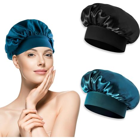 Seidenschlafmütze, Elegante Schlafmützen, Weiche und Bequeme Satin-Nachtmütze, Haarschutz, Schwarz und Pfauenblau, Größenverstellbar mit Gummiband (1/5)