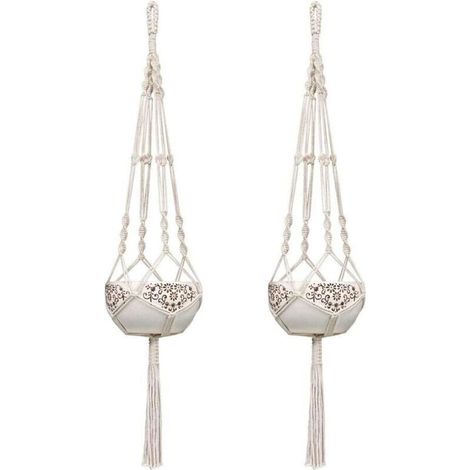 2 Paquets 105cm Blanc Crème Macramé Plante Suspension Corde Pot de Fleurs Suspendu Exterieur Interieur Solide Corde de Coton Pots Support pour Fleur Décoration Mural Balcon Jardin Style Bohême (1/5)