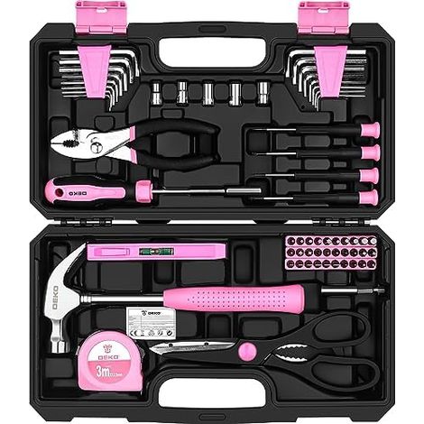 Boîte à outils complète rose 62 pièces, mallette, boîte bricolage, cadeaux, maison, bureau et voiture, entretien quotidien Rose - (1/5)