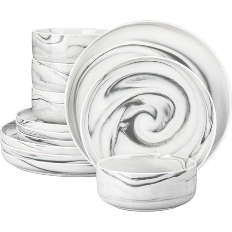 Service de vaisselle, 24 pièces en porcelaine marbrée, compatible avec le micro-ondes et le lave-vaisselle (1/2)
