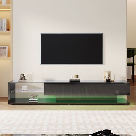 Meuble TV design brillant avec verre - Éclairage LED réglable - Alliance rustique & contemporain (1/5)